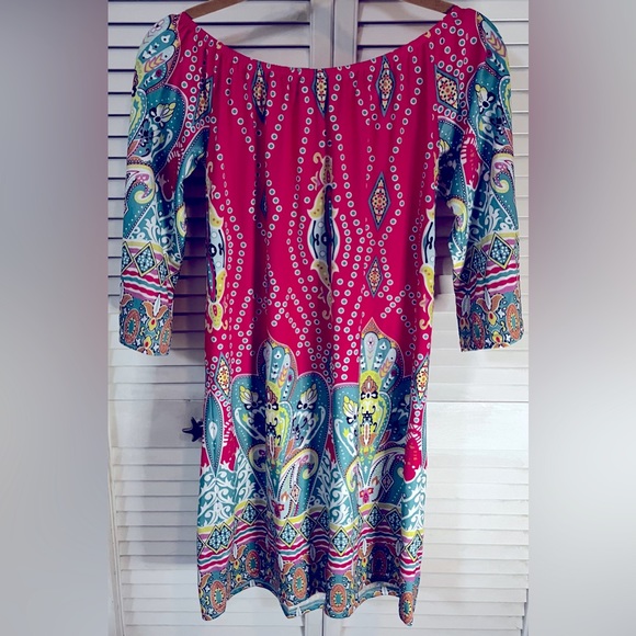 Military Hippie Dresses & Skirts - EUC Sz L Hippie dress. Off shoulder. Pink, blue, yellow, white color design
